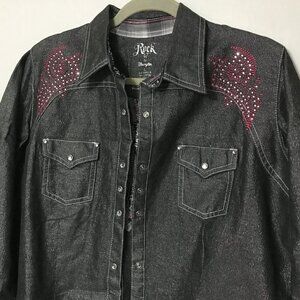 NWOT Wrangler Rock 47 Fitted Western Embroidered w/ Jewerly  Long Sleeve Size L.